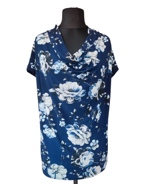 Bluzka z lejącym dekoltem typu woda biało-niebieskie kwiaty